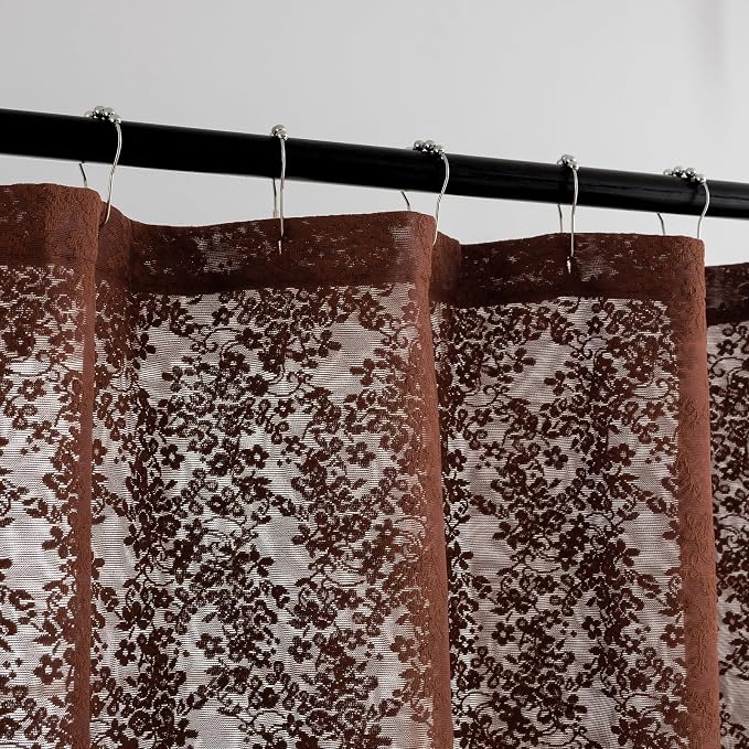 TUDECO Lace Brown Shower Curtain with Attached Valance, 72 x 72 Inch | Chocolate Brown, Cottagecore, Floral Pattern, Autumn Cozy Bathroom Decor, Scalloped Edges, Soft Light, Semi- Privacy