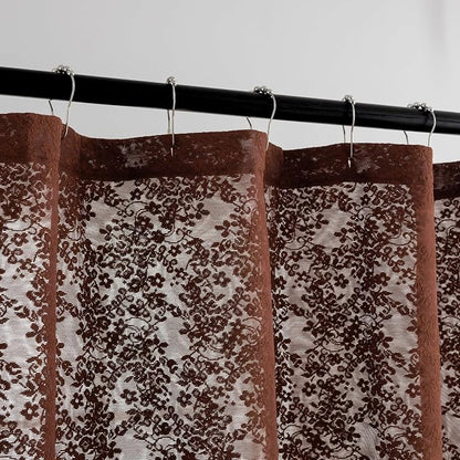 TUDECO Extra Long Brown Lace Shower Curtain for Bathroom, 72W x 84L Inch | Dark Chocolate Brown, Cottagecore Floral, Attached Valance, Autumn Cozy Decor, Scalloped Edges, Reinforced Holes