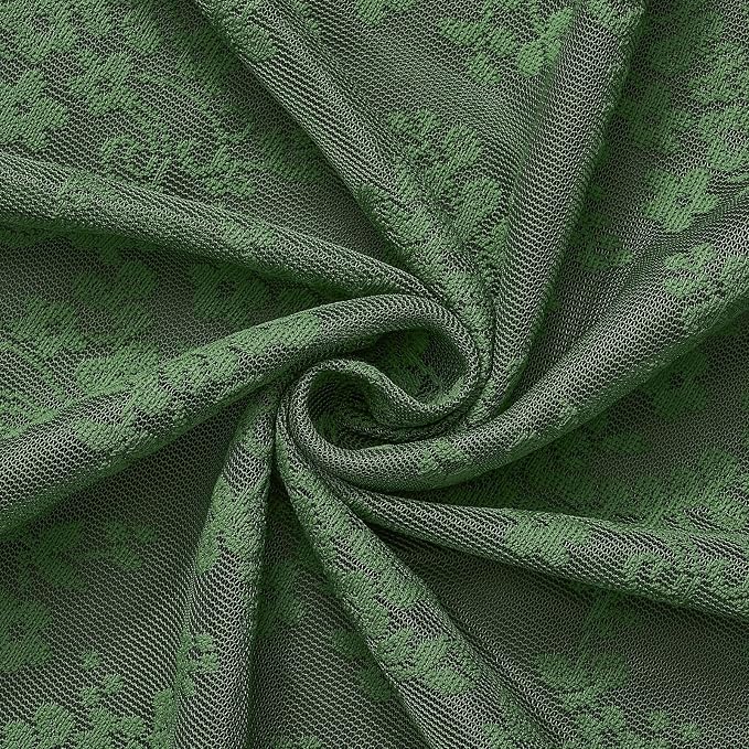 Green Lace Shower Curtain 72x84, 84 Inches Long with Attached Valance | Scalloped Trim, Floral Lace Fabric, Sheer Shower Curtain for Vintage Cottagecore Tall Bathrooms, Machine Wash