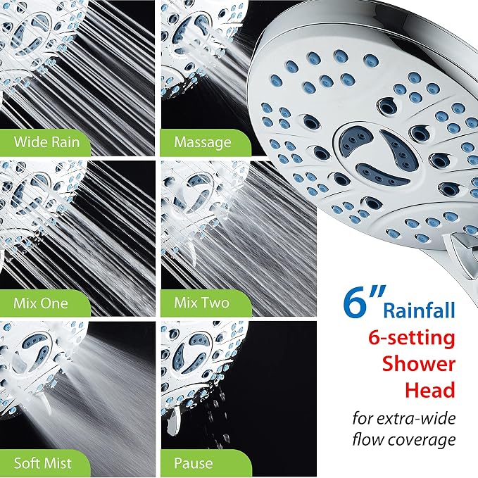 AquaCare 50-mode High Pressure Shower Head Combo with Arm & Dual Power Wash | Hygienic Jets, 2-mode Handheld Power Wash for Tub, Tile & Pets, Long 6 ft. Stainless Steel Hose, Extra Wall Bracket / Chrome