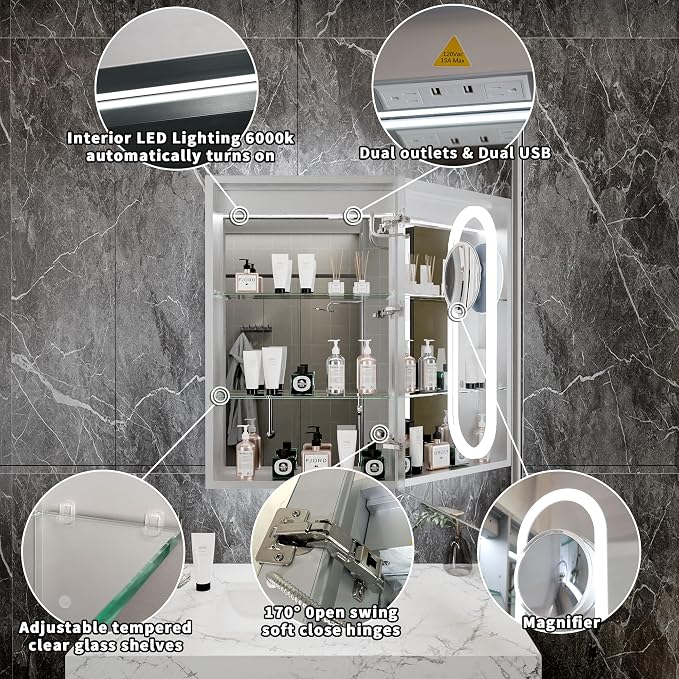 32x20 Lighted Medicine Cabinet with Mirror & Magnifier,LED Medicine Cabinet Mirror for Bathroom, Color Temp, Defogger, Front&Backlit, Built-in Outlets, Dimmable, Soft Close DTC Hinges, Right Opening