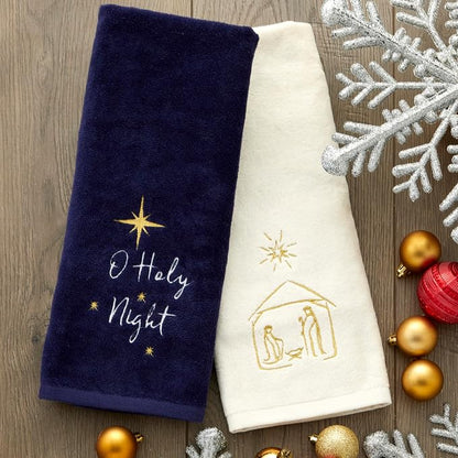 SKL Home Religious/Christmas Nativity Hand Towel Set-2pc, Natural | 100% Cotton. Soft, embroidered velour. Great for the bathroom, kitchen or bar & holiday gifting.
