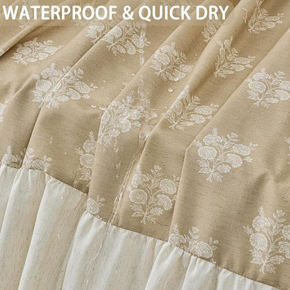 ORTIGIA Linen Textured Ruffle Shower Curtain with Metal Hooks, Brown Vintage Block Print Floral Boho Waterproof Bath Curtain for Rustic Farmhouse Bathroom Decor 72x72 Inch
