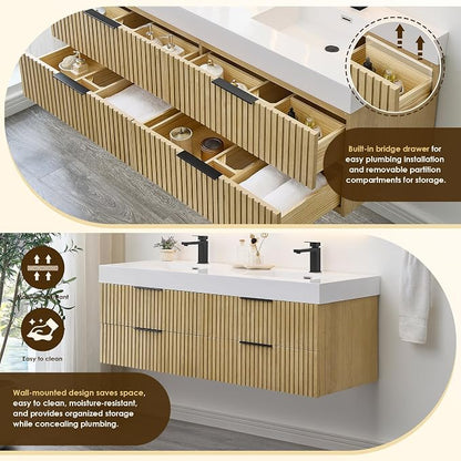 60 Inch Floating Sink Bathroom Vanity Wall Mount Double Vanities with Top | Pre-Assembled, Sturdy Solid Wood, Modern Vanity, Ceramic Sink, Large Storage Cabinet, Soft Closing Doors, Dovetail Drawers