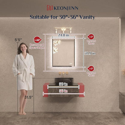 Keonjinn 24" x 30" LED Mirror for Bathroom, Backlit Mirror Beveled Edge | Safe Tempered Glass, Auto-OFF Defogging, Dimmable 3 Color Temperature, Effortless Installation, Lighted Bathroom Mirrors Wall