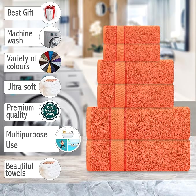 CRAFTBERRY- 6 Piece Cotton Bath Towel Set- 2 Bath - 2 Hand - 2 Face, Orange | 100% Cotton • Thick & Plush • Hotel Quality • Ultra Soft • Highly Absorbent • Quick Dry • Low Lint • Machine Washable