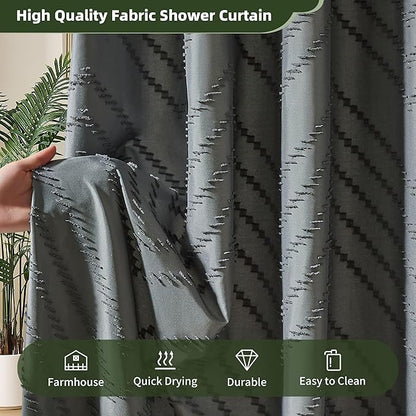 Extra Long Grey Boho Shower Curtain with Tassel, Woven Fabric 96 in Shower Curtain, Tufted Chevron Striped, 72 x 96, Modern Chic Textured Minimalist Bathroom Shower