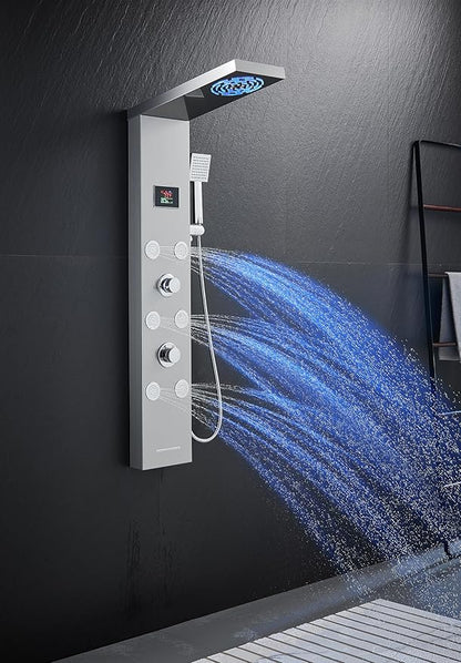 Stainless Steel Shower Panel Tower System with LED lights(No battery need), Hydroelectric LED Rainfall Shower Tower System with 6 Pcs Body Jets, Brushed Nickel