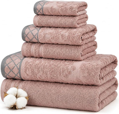 Modern Threads 6 Piece Cotton Bath Towel Set – Ultra Soft 550 GSM Towels – Bathroom Set with Hand Towels and Washcloths – Diamond Border (Blush)