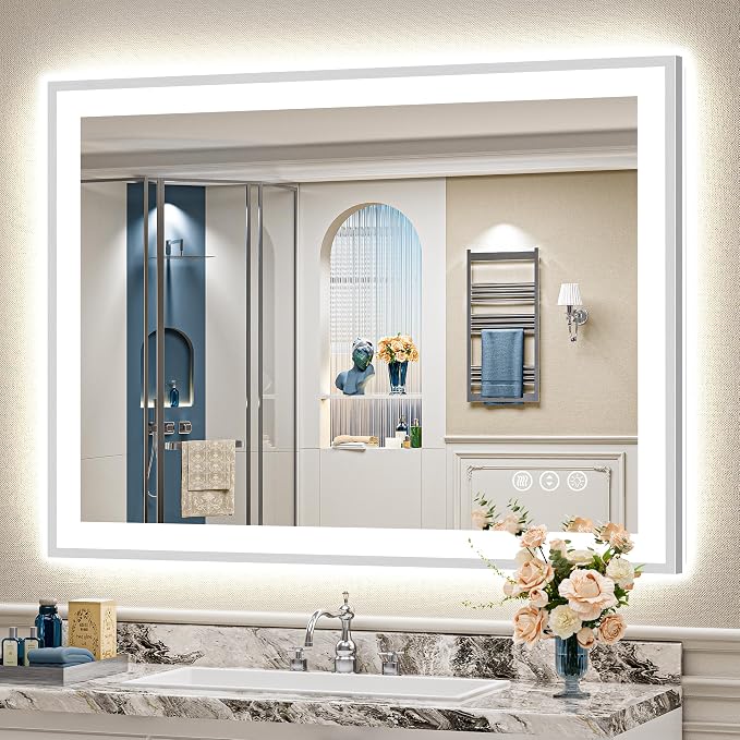 48x36 Inch Brushed Nickel LED Bathroom Mirror, Backlit & Front Lit | Silver Framed Anti-Fog Lighted Vanity Mirror with Lights, 3 Color Dimmable, Memory, HD Tempered Glass, CRI95, IP54, UL Listed