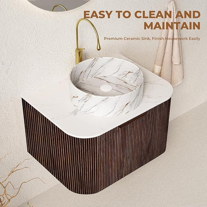 LKTART 24 Inch Floating Bathroom Vanity with Sink, Modern Wall Mounted Bathroom Storage Cabinet with Drawer, Stone Pattern Round White Ceramic Sink Top and Marble Texture Top, Walnut