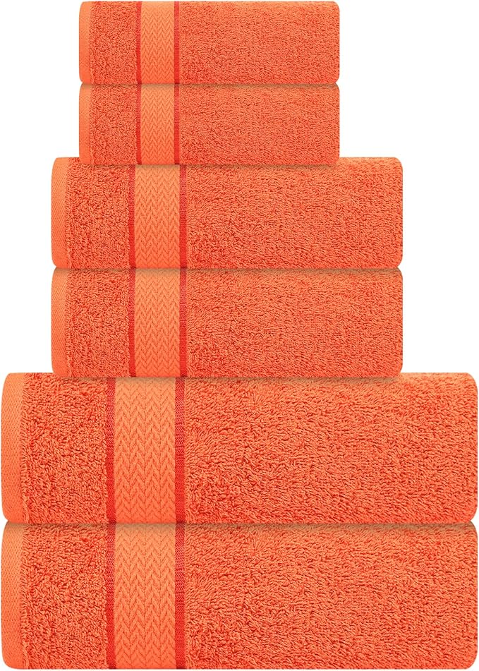 CRAFTBERRY- 6 Piece Cotton Bath Towel Set- 2 Bath - 2 Hand - 2 Face, Orange | 100% Cotton • Thick & Plush • Hotel Quality • Ultra Soft • Highly Absorbent • Quick Dry • Low Lint • Machine Washable