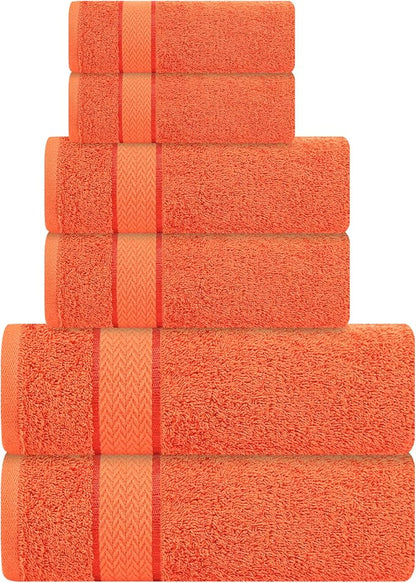 CRAFTBERRY- 6 Piece Cotton Bath Towel Set- 2 Bath - 2 Hand - 2 Face, Orange | 100% Cotton • Thick & Plush • Hotel Quality • Ultra Soft • Highly Absorbent • Quick Dry • Low Lint • Machine Washable