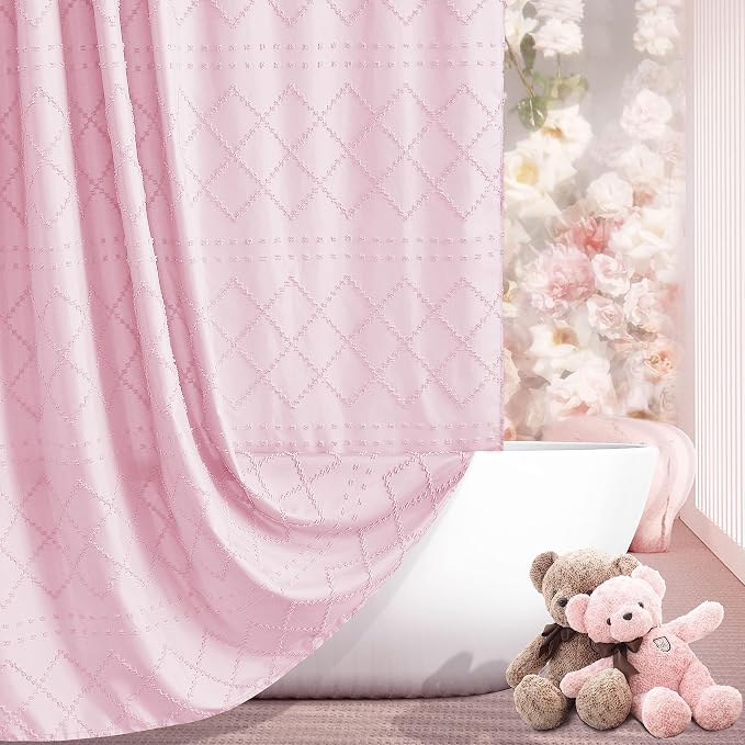 Siiluminisoy Extra Long Pink Boho Shower Curtain Woven Fabric Cute 84 Inch Shower Curtain, 72 x 84 Tufted Chevron Textured Striped Modern Farmhouse Minimalist Cloth Shower Curtain for Bathroom