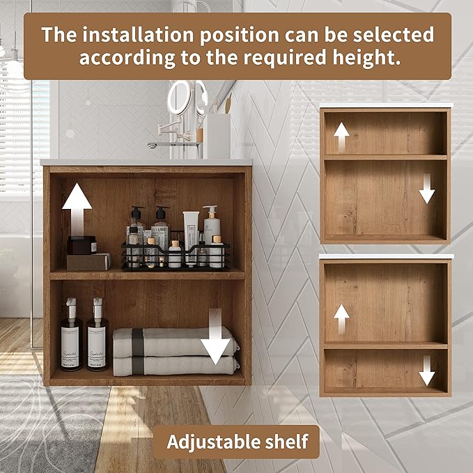 Henf 30 Inch Wall Mount Bathroom Vanity W/Sink Combo, Modern Design Vanity Cabinet with Gel Basin, Floating Mounting Bathroom Cabinet Set with 2 Drawer and Adjustable Storage Shelf, Oak
