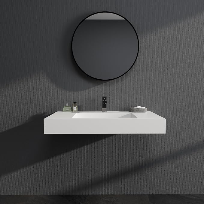 SJ Star&Jane 35" x 19" in Solid Surface Bathroom Sink, Wall-Mount or Countertop Vessel Sink, Rectangle Floating Vanity Sink, Pre-installed Faucet Holes, Durable Modern Design