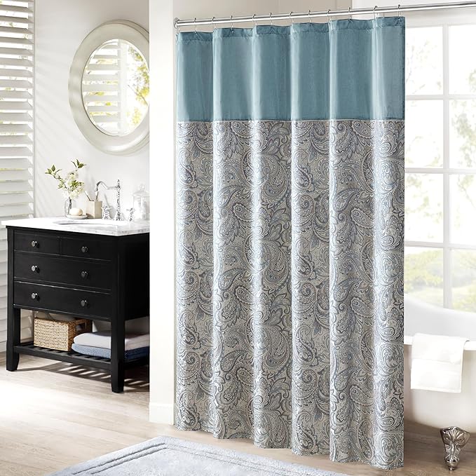 Madison Park Aubrey Shower Curtain for Bathroom, Jacquard, 72 x 72, Teal | Microfiber, Adds Privacy, Machine Washable, Striped Pattern, OEKO-TEX Certified