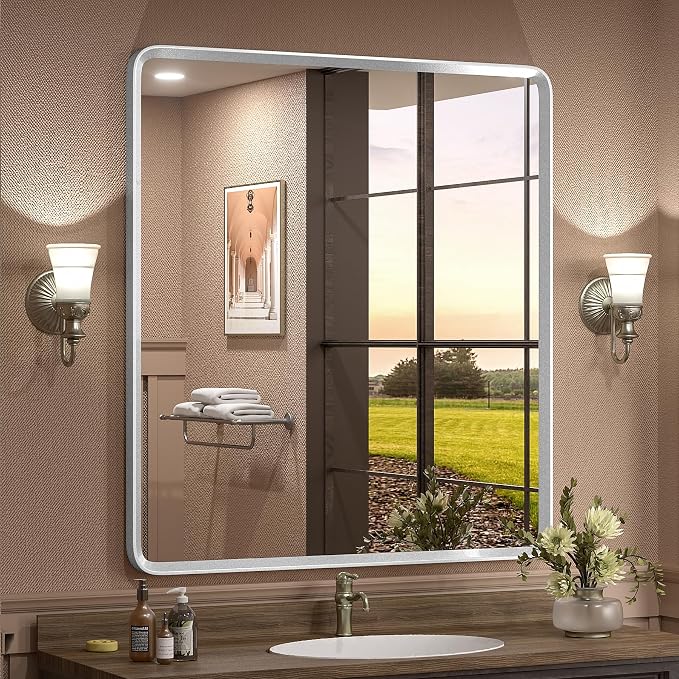 32x36 Inch Silver Bathroom Mirror | Silver Metal Frame, Rounded Rectangle Vanity Mirror, Shatterproof, Anti-Rust, Silverish Painted (Horizontal/Vertical)