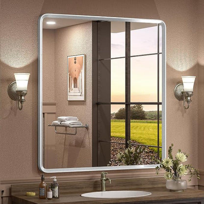 32x36 Inch Silver Bathroom Mirror | Silver Metal Frame, Rounded Rectangle Vanity Mirror, Shatterproof, Anti-Rust, Silverish Painted (Horizontal/Vertical)
