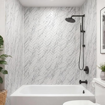 From Plain To Beautiful In Hours 133-640-HERR-KIT Herringbone Tile - Tub and Shower Wall Panels Surround (Covers/ 96 sq. ft.), Marble, 1 Piece
