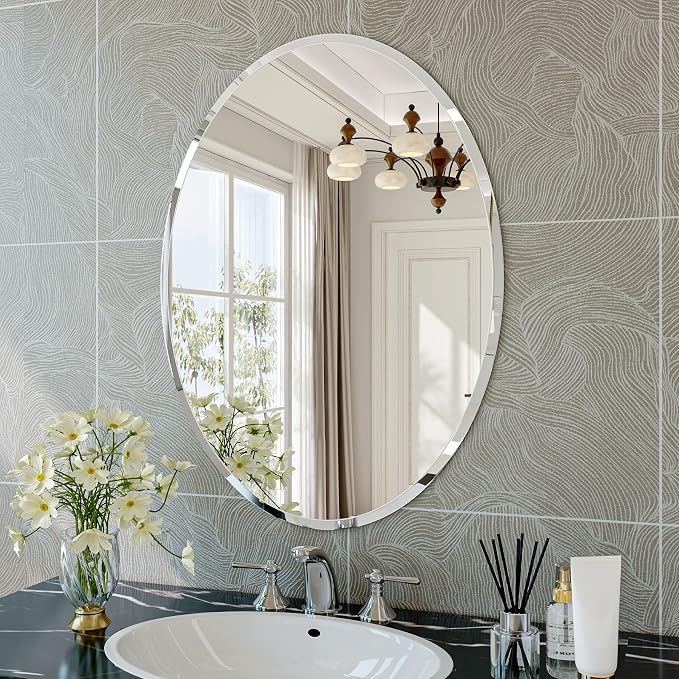 Frameless Oval Mirror, 22"x30" Oval Beveled Bathroom Mirrors | Frameless, 15mm beveled edge, 5mm HD glass, anti-rust, french cleat, horizontally or vertically, for bathroom/bedroom