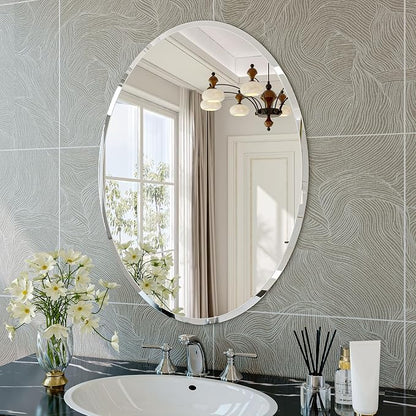 Frameless Oval Mirror, 22"x30" Oval Beveled Bathroom Mirrors | Frameless, 15mm beveled edge, 5mm HD glass, anti-rust, french cleat, horizontally or vertically, for bathroom/bedroom