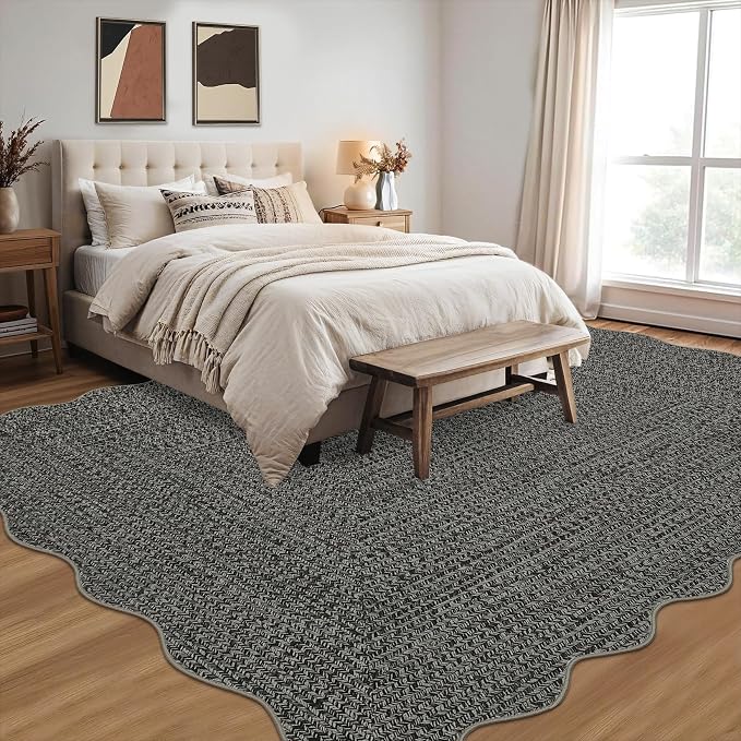 Imitation Braided Collection-Print Washable Rugs 10x13 Area Rug for Living Room Scalloped Bedroom Rug Soft Large Area Rug Non Slip Throw Rugs Stain Resistant Carpet for Nursery Dining Room