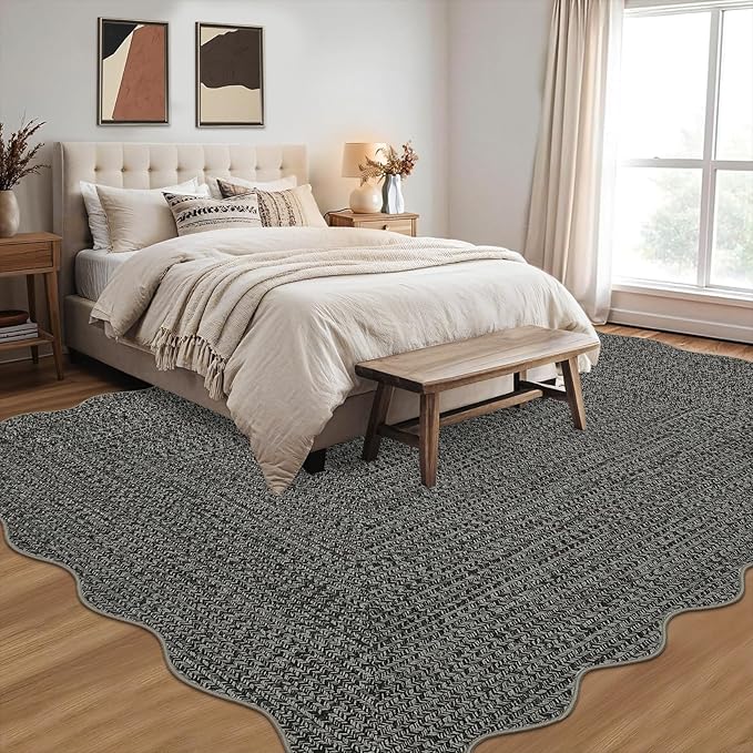 Imitation Braided Collection-Print Living Room Rug 5x7 Washable Rug for Bedroom Scalloped Non Slip Small Soft Throw Rugs Low Pile Stain Resistant Carpet for Entryway Office Nursery Dining Room