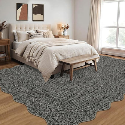 Imitation Braided Collection-Print Living Room Rug 5x7 Washable Rug for Bedroom Scalloped Non Slip Small Soft Throw Rugs Low Pile Stain Resistant Carpet for Entryway Office Nursery Dining Room
