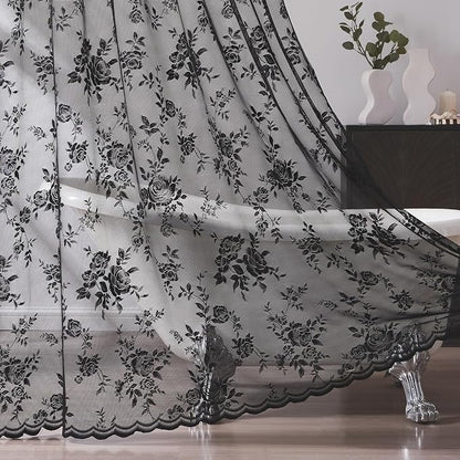 Black Lace Shower Curtain Luxury Vintage Floral Shower Curtain with Attached Valance Decorative Vintage Boho Bath Curtain for Master Bath Hotel Dark Gothic Halloween Victorian Decor, 1 Panel, 36 x 72