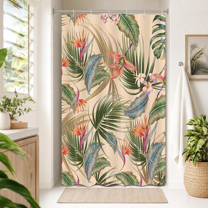 Tropical Shower Curtain, Colourful Leaves Floral Palm Leaf Hawaiian Botanical Plant Bathroom Decor, Waterproof Cloth Fabric Bath Curtain with Hooks 47 x 64 inch