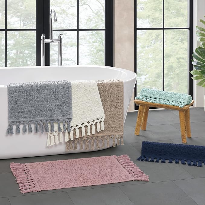 French Connection Nellore Bathroom Rugs, Set of 2 Woven and Beaded, Durable Bath Rugs, Thick Bath Mats for Bathroom and Shower Rugs, 20'' x 34'' and 17'' x 24'', Black