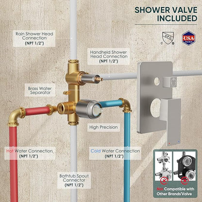 Shower System with Tub Spout, All Metal Tub Shower Faucet Set with 12'' Rain shower heads and handheld spray combo,Wall Mounted Tub Shower Systems with Valve and Trim Kit, Brushed Nickel