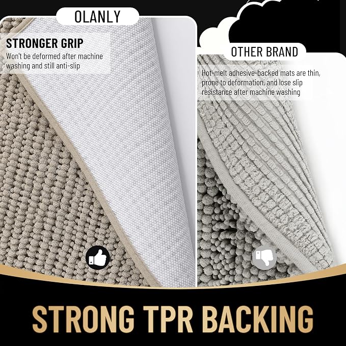 OLANLY Thick Chenille Small Bathroom Rugs Mats 24x16, Warm Taupe | Soft Absorbent Bath Rugs, Rubber Backing, Machine Wash Dry, Bath Mats for Bathroom, Tub and Shower, Home Decor Accessories