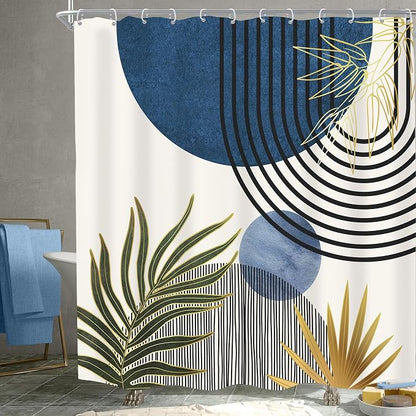 Mid Century Blue Green Boho Abstract Modern Bathroom Shower Curtain Set | 72Wx72L S Plant design, waterproof HD print with fast-drying fabric and 12 hooks.