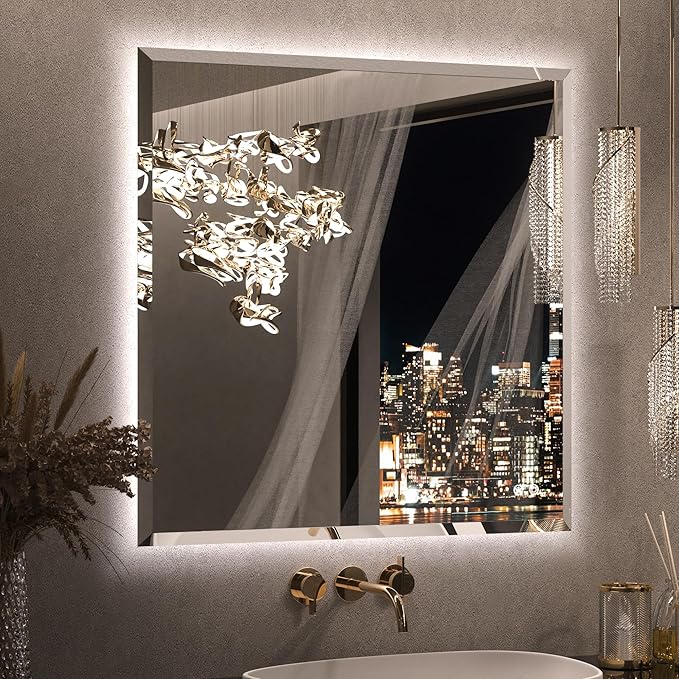 Keonjinn 36"x36" Square LED Mirror for Bathroom, HD Glass with Beveled Edge | Auto-OFF Defogging, Dimmable 3 Color Lights, Hardwired/Plug in, Effortless French Cleat Installation, Backlit Mirror Bathroom