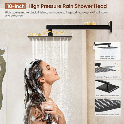 Shower System with Tub Spout, All Metal Matte Black Shower Faucet Set with Valve, 10'' Rain Shower Head with Handheld Spray, 59'' Shower Hose and Diverter, Wall Mounted Bath Tub Faucet Set