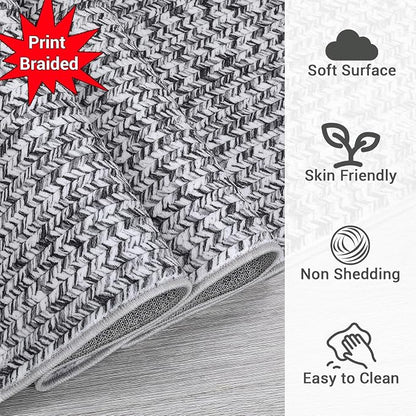 Washable Runner 2x6 for Hallways - Print Braided Non-Slip Bath Mat, Modern Soft Bedroom Rug, Farmhouse Throw, Kitchen, Entryway Stain Resistant Carpet - 2'x6' Light Grey
