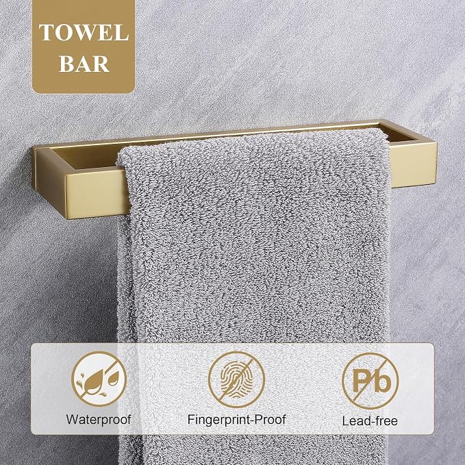 Brushed Gold Bathroom Accessories, Toilet Paper Holder, Towel Bar and Hook | Lairuier 3 Pieces Bathroom Hardware Set, SUS304 Stainless Steel Towel Holder Set Toilet Paper Holder Robe Hook Wall Mounted