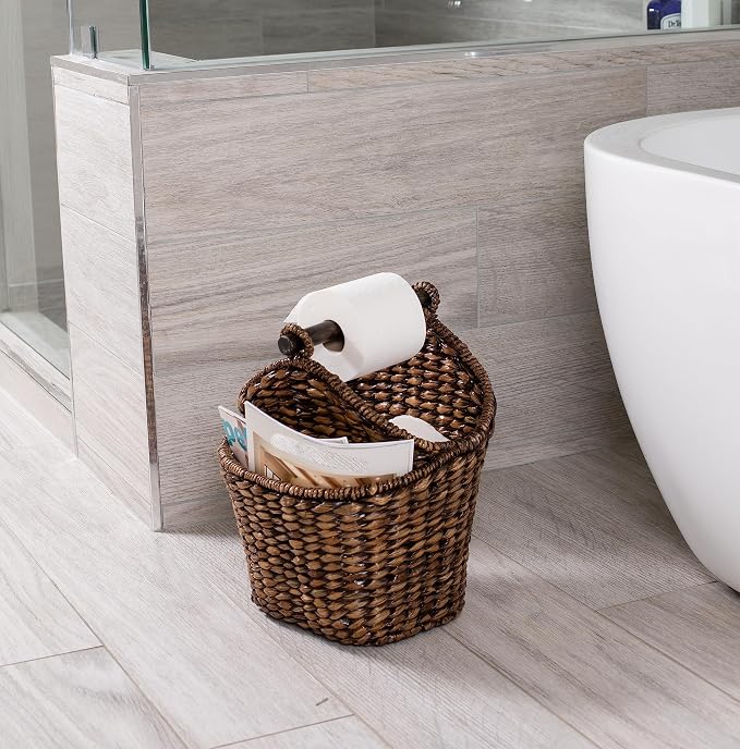 BirdRock Home Seagrass Magazine and Bathroom Basket - Hand Woven Toilet Paper Holder with Pocket - Grey Wash - Stylish Decorative Design - Wooden Basket Décor - Dispenser