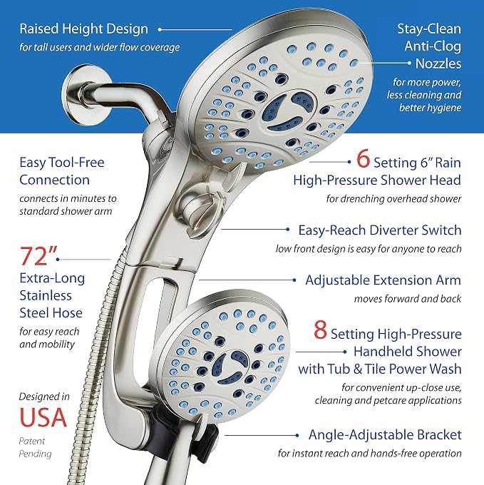 AquaCare 50-mode High Pressure Shower Head Combo with Arm & Dual Power Wash | Hygienic Jets, 2-mode Handheld Power Wash for Tub, Tile & Pets, Long 6 ft. Stainless Steel Hose, Extra Wall Bracket / Nickel