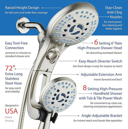 AquaCare 50-mode High Pressure Shower Head Combo with Arm & Dual Power Wash | Hygienic Jets, 2-mode Handheld Power Wash for Tub, Tile & Pets, Long 6 ft. Stainless Steel Hose, Extra Wall Bracket / Nickel