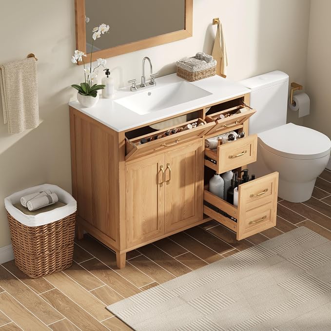 36 Inch Bathroom Vanities with Undermount Ceramic Sink, Storage Cabinet with Soft Closing Doors and Three Drawers, Solid Wood Frame, Natural Wood