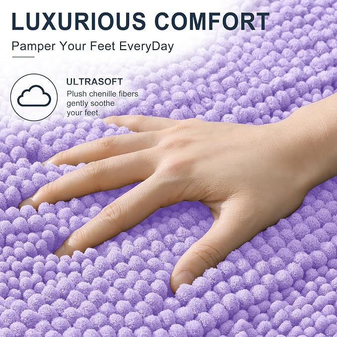 Smiry Thick Chenille Bathroom Runner Rugs 47x20, Soft Bath Mat, Lavender | Quick‑Dry & Machine Washable, Non‑Slip Bath Carpet, Striped Bath Rugs for Tub & Shower, Modern Home Decor Accessories