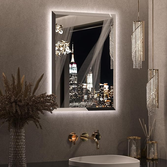 Keonjinn 20 x 28 Inch Backlit Mirror Bathroom, Beveled Edge Tempered Glass | Fast & Safe Defogging, Dimmable 3 Color Lights, Effortless French Cleat Installation, Smart LED Mirror for Bathroom, Barber