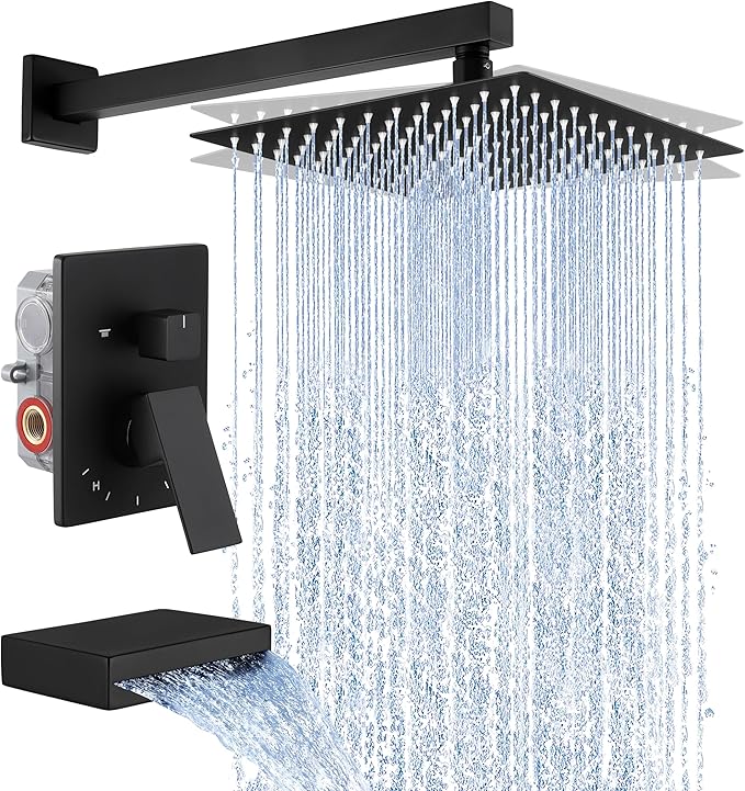 KES Tub and Shower Faucet Set Shower System with 10-Inch Rain Shower Head and Waterfall Tub Faucet Wall Mount Shower Valve and Trim Kit Included Matte Black, XB6240-BK