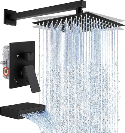 KES Tub and Shower Faucet Set Shower System with 10-Inch Rain Shower Head and Waterfall Tub Faucet Wall Mount Shower Valve and Trim Kit Included Matte Black, XB6240-BK