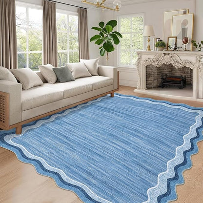 Garvee Navy Scalloped 9x12 Area Rugs for Girls Room Large Washable Rugs | Neutral Solid Rug Stain Resistant Non Slip Floor Mat Carpet Indoor Accent Rug for Bedroom Dining Room Playroom Home Decor