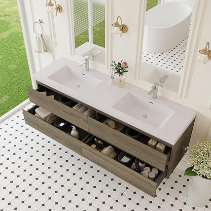 Floating Bathroom Vanity with Double Sinks, 72" Wall-Mounted Bathroom Storage Vanity Cabinet with Resin Top Basin and Soft Close Drawers, No Assembly Required, Ash Grey