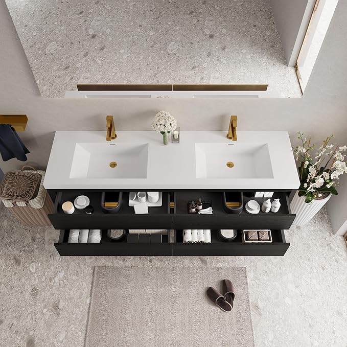 72" Wall-Mounted Bathroom Vanity with Sink | Waterproof Coating, 4 Drawers Floating Cabinet | Stone Resin Countertop & Soft Close Drawers | Modern Storage Solution,Espresso Wood